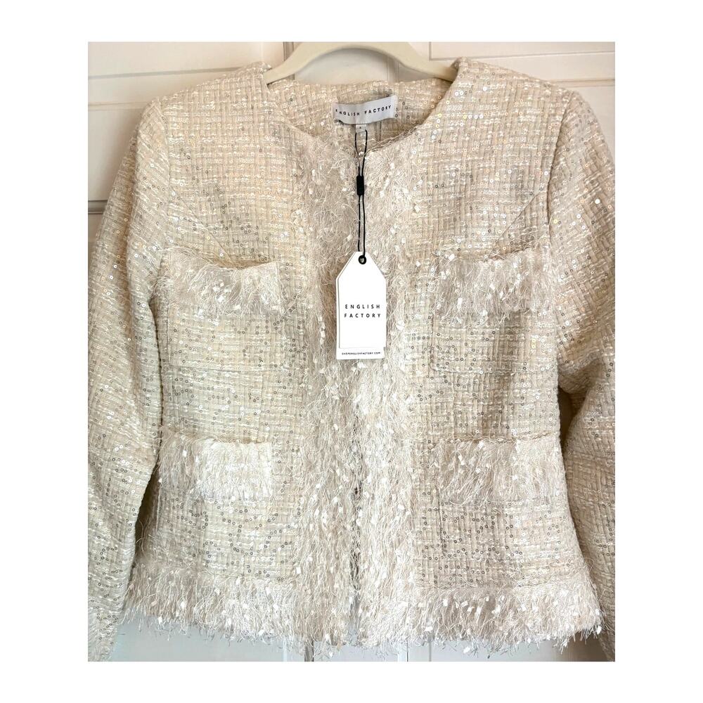 NWT English Factory Cream Sequin Blazer with Fringe Detail Size Large